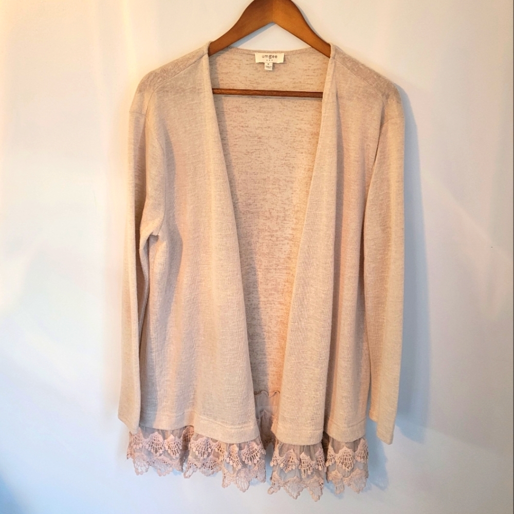 Umgee | Long, Open front Cardigan w/ Lace hem